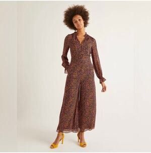 Boden Jumpsuit Womens 4 Regular Sarah Frill Wide Leg Tuscan Sun Speckle Chiffon